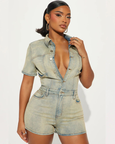 High elastic short sleeve slim fit washed denim jumpsuit