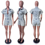 High elastic short sleeve slim fit washed denim jumpsuit