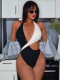 White and black contrast color one-piece swimsuit