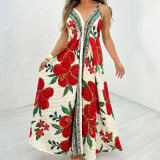 Summer women's suspender V-neck long dress printed long elegant dress