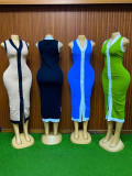 Summer women's contrast color button long knitted dress