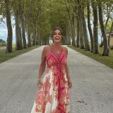 Summer women's suspender V-neck long dress printed long elegant dress