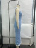 Summer women's contrast color button long knitted dress