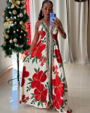 Summer women's suspender V-neck long dress printed long elegant dress