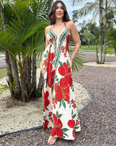 Summer women's suspender V-neck long dress printed long elegant dress