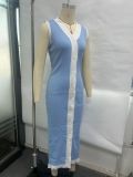 Summer women's contrast color button long knitted dress