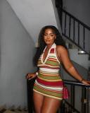 Summer women's halter neck multicolor striped crochet sleeveless short dress sexy backless dress