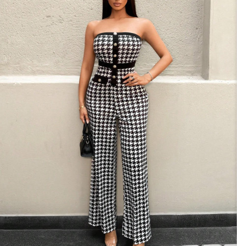 Sexy off-shoulder print elastic tube jumpsuit