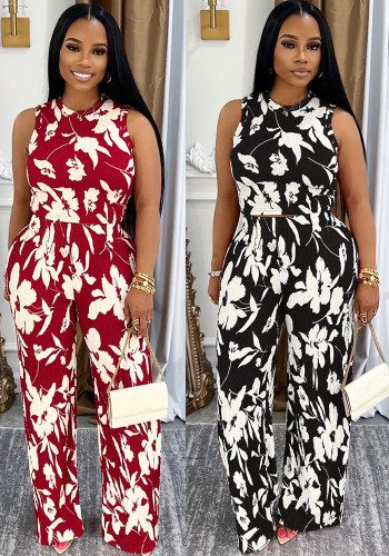 Women's Two-piece Sleeveless Vest High Waist Trousers Floral Print Set