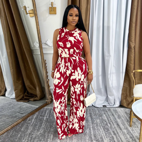 Women's Two-piece Sleeveless Vest High Waist Trousers Floral Print Set