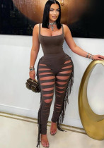 Women's summer bodysuit top ripped tassel skinny pants set