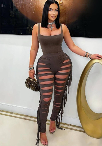 Women's summer bodysuit top ripped tassel skinny pants set