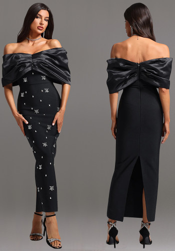 Women black rhineston dress off shoulder long party dress