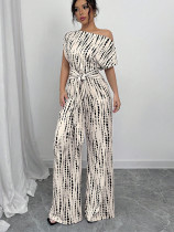 Striped jumpsuit summer vacation style oblique shoulder strap jumpsuit wide-leg trousers