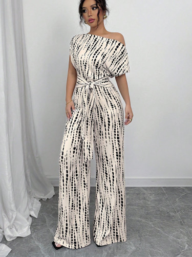 Striped jumpsuit summer vacation style oblique shoulder strap jumpsuit wide-leg trousers