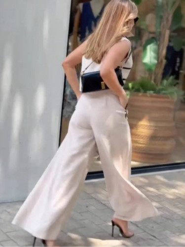 Women contrast color short sleeveless top casual wide-leg pants two-piece set