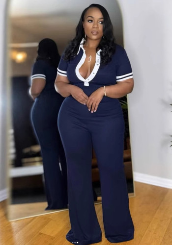 Elegant slim fit elastic contrast color lapel flared jumpsuit