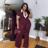 Elegant slim fit elastic contrast color lapel flared jumpsuit