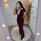 Elegant slim fit elastic contrast color lapel flared jumpsuit