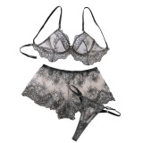Women blace lace sheer sexy three piece lingerie set
