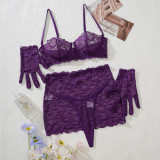 Sexy lingerie set purple lace gathered four-piece set