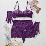 Sexy lingerie set purple lace gathered four-piece set