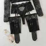 Sexy mesh long-sleeved lace perspective slim bra three-piece set with stocking