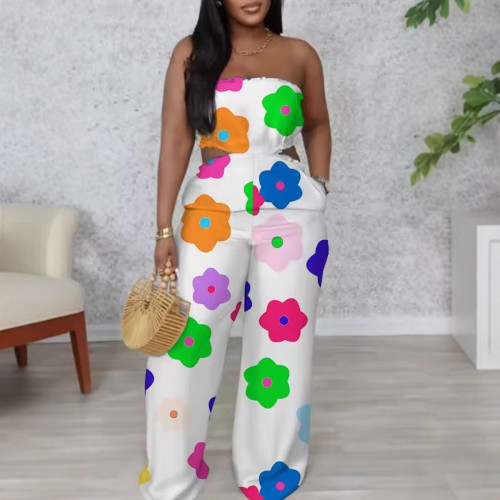 Elegant printed wide-leg tube jumpsuit