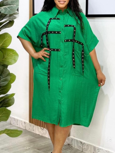 Women's short-sleeved loose lapel shirt mid-length blouse dress