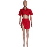 Party women's sexy solid color slit skirt two piece set