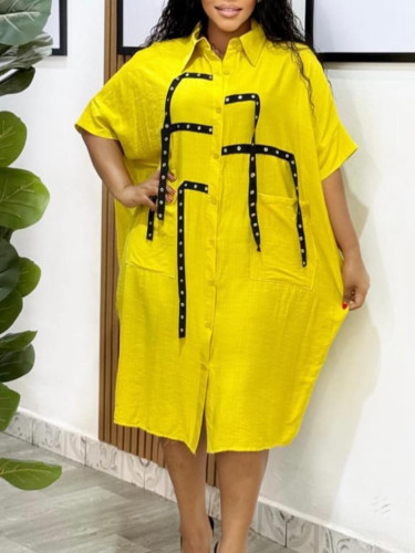 Women's short-sleeved loose lapel shirt mid-length blouse dress