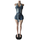 Women summer blue denim sleeveless zip up halter short rompers jumpsuit 