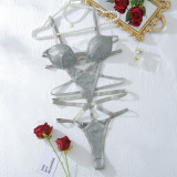 Women silver metallic hollow out sexy teddy lingerie