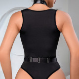 Women black mesh patchwork zip up teddy lingerie