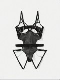 Women black hollow out transparent open cup sexy chains teddy lingerie