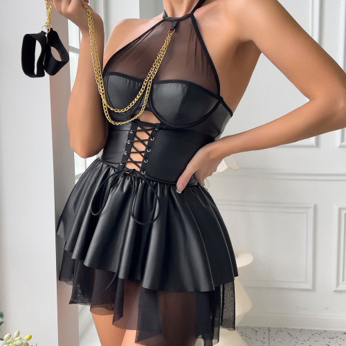 Sexy lingerie for women with leather PU halter neck straps mesh see-through short skirt suit gathered uniform