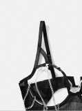 Women black hollow out transparent open cup sexy chains teddy lingerie
