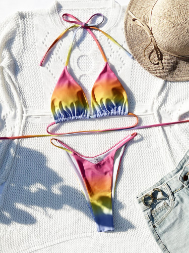 Women's split color gradient strap sexy swimsuit bikini
