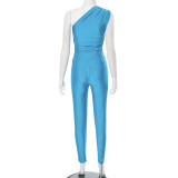Simple solid color one-shoulder top and tight pants two-piece set
