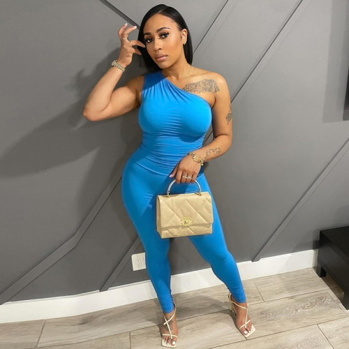 Simple solid color one-shoulder top and tight pants two-piece set