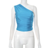 Simple solid color one-shoulder top and tight pants two-piece set