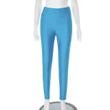 Simple solid color one-shoulder top and tight pants two-piece set