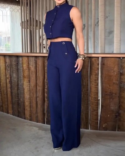Women's summer stand collar sleeveless solid color trousers two-piece suit