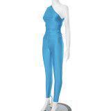 Simple solid color one-shoulder top and tight pants two-piece set