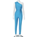 Simple solid color one-shoulder top and tight pants two-piece set