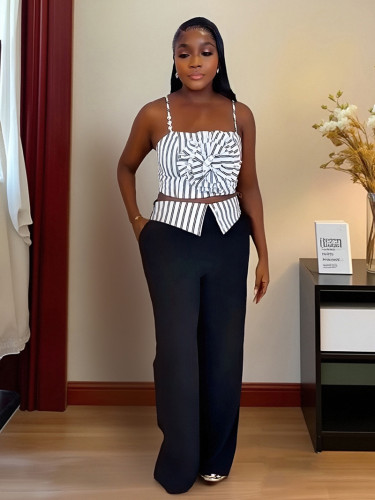 Women's Striped 3D Flower Tube Top Camisole Straight Pants Two-piece Set