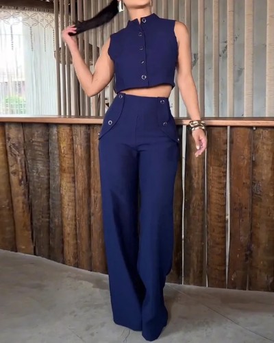 Women's summer stand collar sleeveless solid color trousers two-piece suit