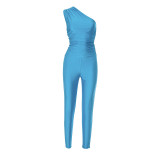 Simple solid color one-shoulder top and tight pants two-piece set