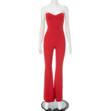 Women's solid color red flared tube jumpsuit