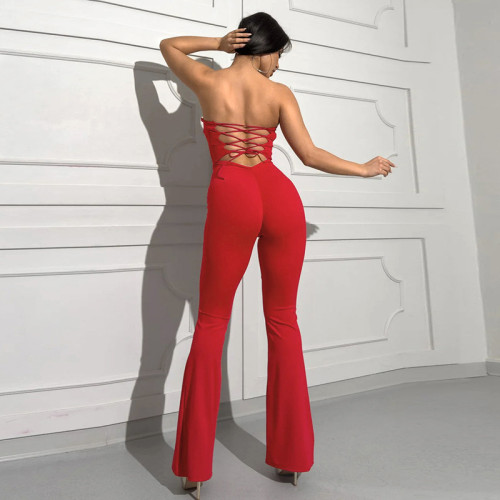 Women's solid color red flared tube jumpsuit